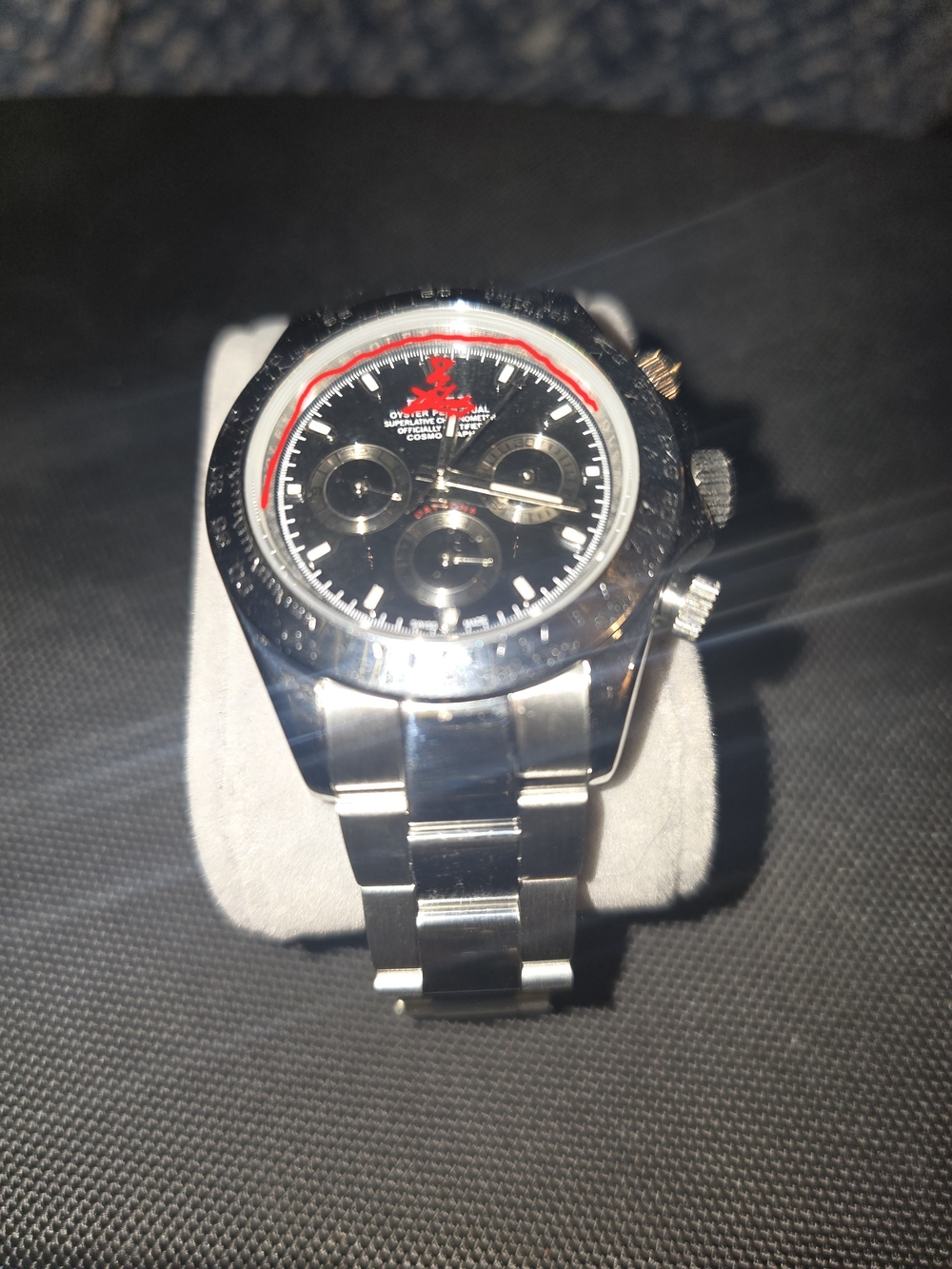 Stainless Steel Chronograph Wristwatch - Black Dial with Red Accents